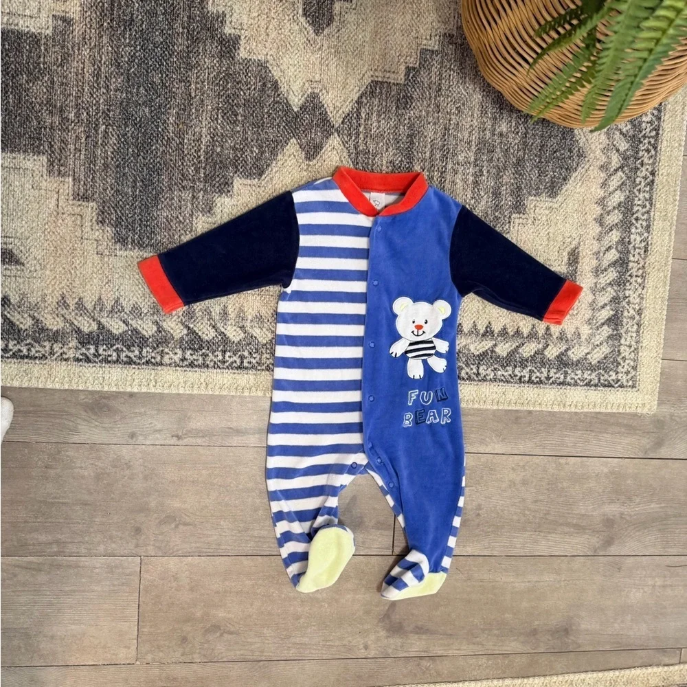 Vintage Baby Boy Color Block Striped Bear Terry Cloth Footies Size 6-9 Months